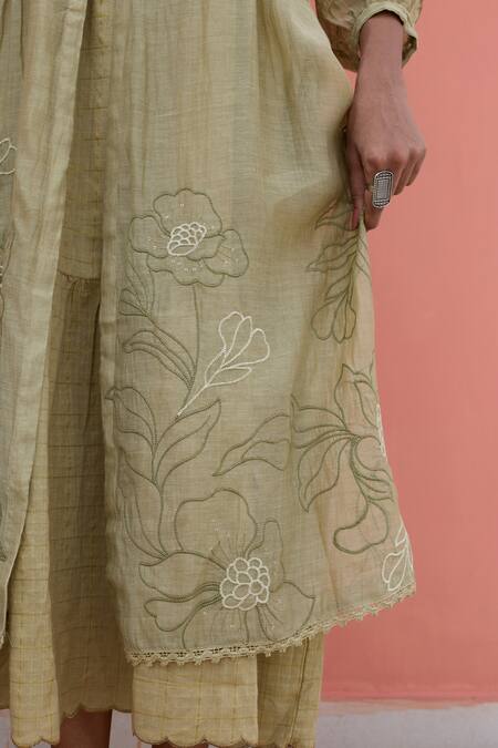 Banera_Olive Green Chanderi Embroidery V-neck Jacket And Inner Dress _at_Aza_Fashions