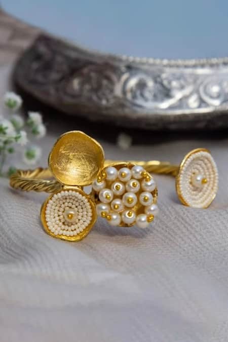 Shop Hetal Shah Gold Plated Pearls Vatti Embellished Bracelet at Aza Fashions Shop_Hetal Shah_Gold Plated Pearls Vatti Embellished Bracelet _at_Aza_Fashions