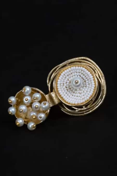 Shop Hetal Shah Gold Plated Pearls, Beads Vatti And Embellished Ring at Aza Fashions Shop_Hetal Shah_Gold Plated Pearls, Beads Vatti And Embellished Ring _at_Aza_Fashions