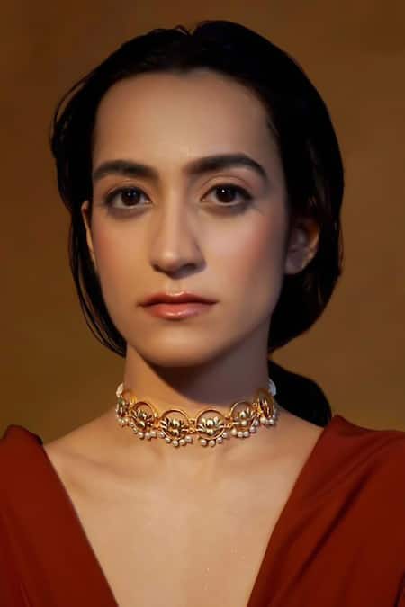Hetal Shah Gold Plated Lotus Motif Pearl Embellished Choker 