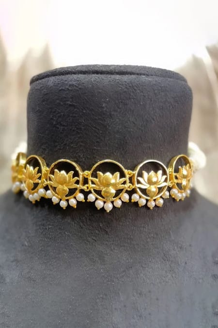 Shop Hetal Shah Gold Plated Lotus Motif Pearl Embellished Choker at Aza Fashions Shop_Hetal Shah_Gold Plated Lotus Motif Pearl Embellished Choker _at_Aza_Fashions