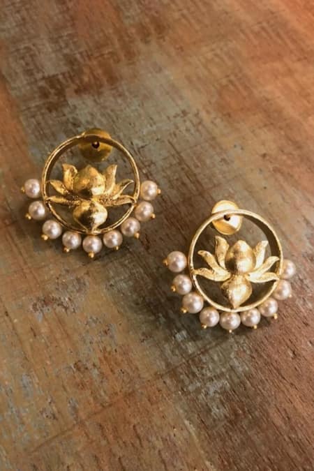 Shop Hetal Shah Gold Plated Pearls Lotus Motif Embellished Stud Earrings at Aza Fashions Shop_Hetal Shah_Gold Plated Pearls Lotus Motif Embellished Stud Earrings _at_Aza_Fashions