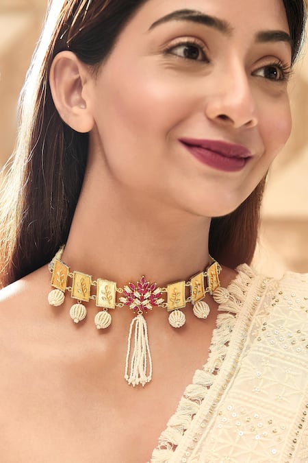 Hetal Shah Ruby Leaf Motif & Pearl Choker 