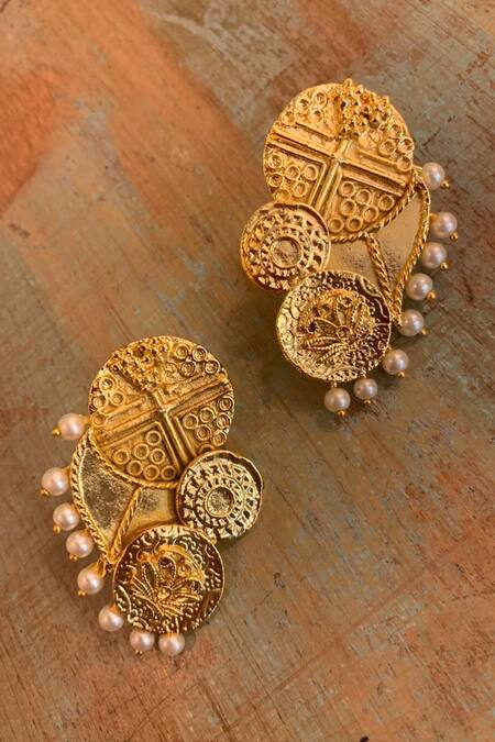Hetal Shah Gold Coin Coin & Pearl Embellished Stud Earrings 