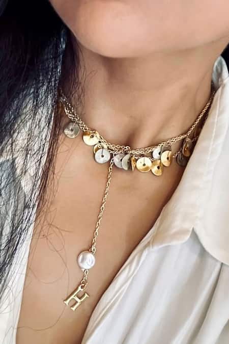 Hetal Shah Coin & Pearl Initial Charm Layered Necklace 