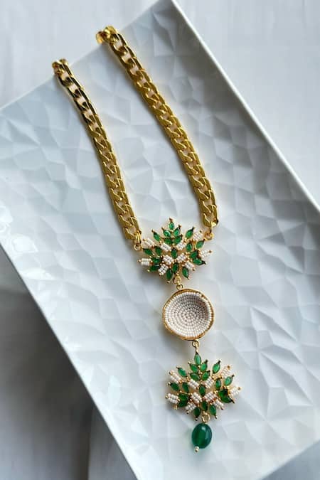 Hetal Shah Emerald Leaf Vatii Emerald Leaf & Vati Drop Necklace 