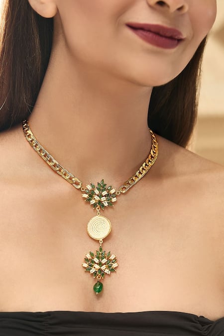 Hetal Shah Emerald Leaf Vatii Emerald Leaf & Vati Drop Necklace 