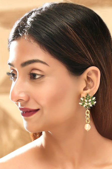 Hetal Shah Emerald Leaf Drop Earrings 