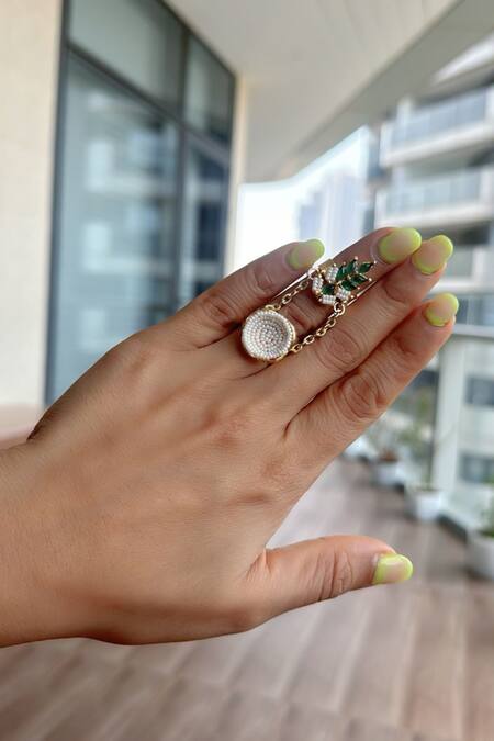 Hetal Shah Emerald Leaf & Pearl Embellished Ring 