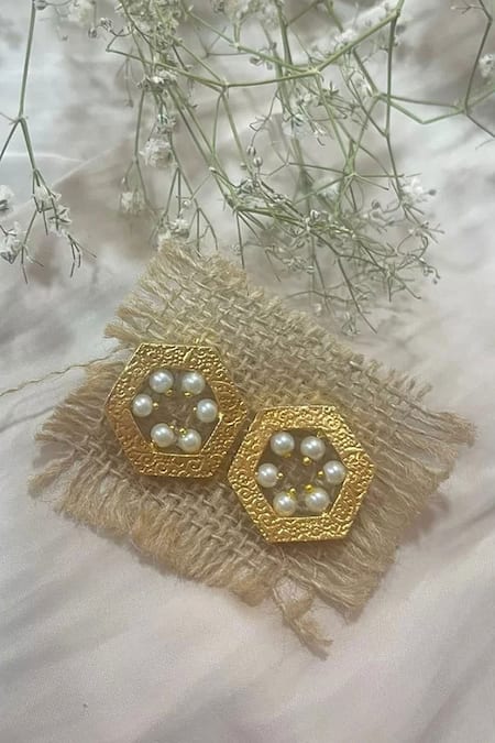 Hetal Shah Hexagon Vintage Pearl Stud Earrings 