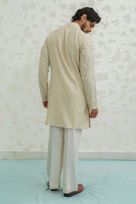 Shop Runit Gupta Beige Chanderi , Vegan Embroidery Abstract Geometry Kurta And Pant Set at Aza Fashions Shop_Runit Gupta_Beige Chanderi , Vegan Embroidery Abstract Geometry Kurta And Pant Set _at_Aza_Fashions