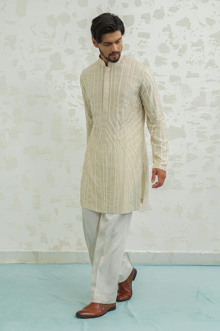 Shop Runit Gupta Beige Chanderi , Vegan Embroidery Abstract Geometry Kurta And Pant Set Online at Aza Fashions Shop_Runit Gupta_Beige Chanderi , Vegan Embroidery Abstract Geometry Kurta And Pant Set _Online_at_Aza_Fashions