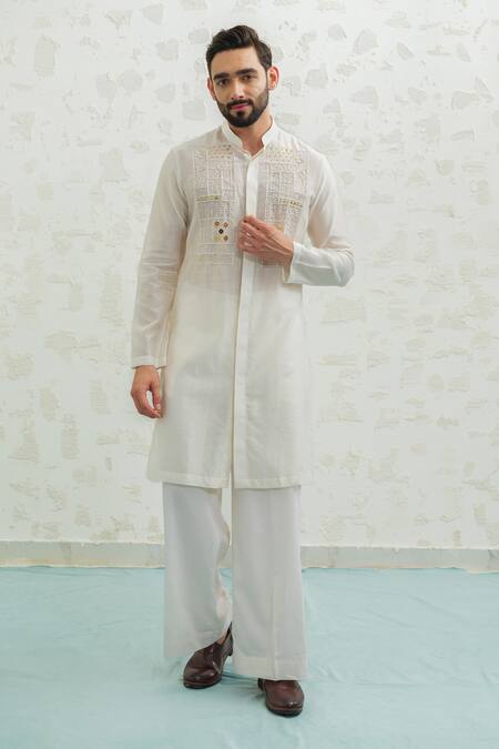 Runit Gupta_Ivory Chanderi , Vegan Embroidery, Mirrors Lippan Kurta And Pant Set _Online_at_Aza_Fashions