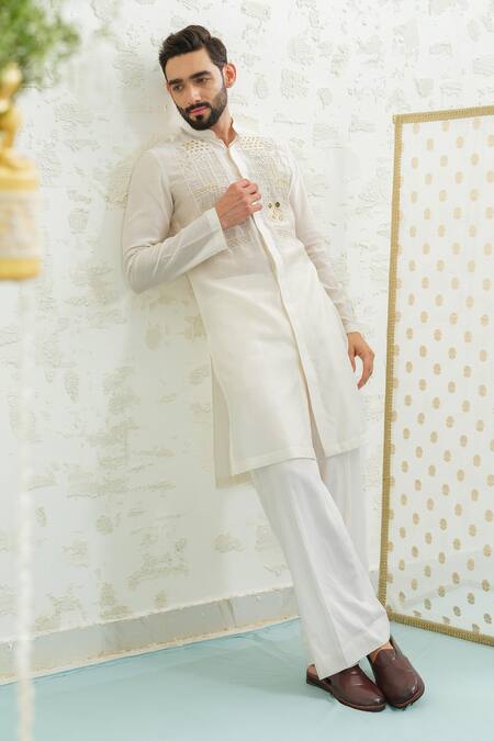 Shop_Runit Gupta_Ivory Chanderi , Vegan Embroidery, Mirrors Lippan Kurta And Pant Set _Online_at_Aza_Fashions