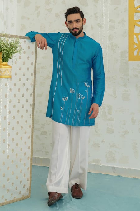 Runit Gupta Blue Chanderi , Vegan Embroidery Mosaic Flower Kurta And Pant Set 