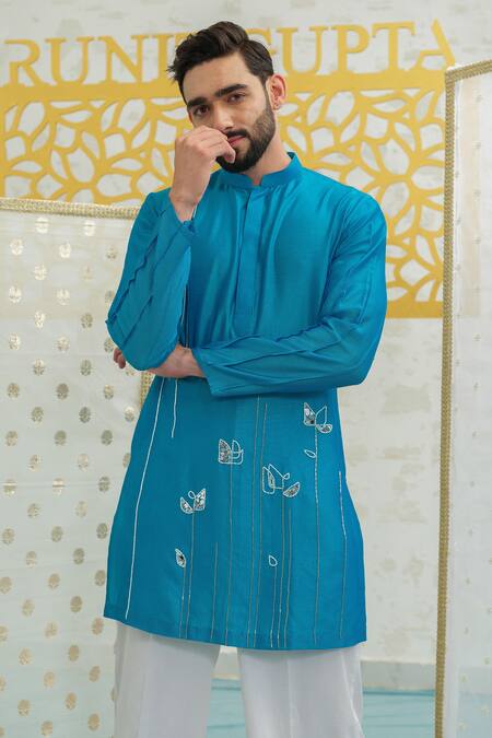Buy_Runit Gupta_Blue Chanderi , Vegan Embroidery Mosaic Flower Kurta And Pant Set _Online_at_Aza_Fashions
