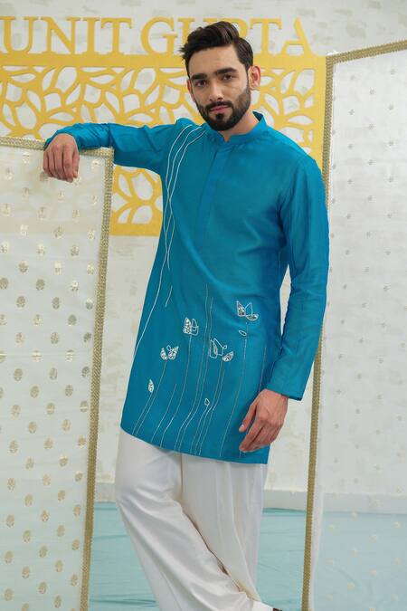 Runit Gupta_Blue Chanderi , Vegan Embroidery Mosaic Flower Kurta And Pant Set _at_Aza_Fashions