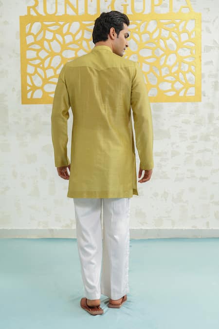 Shop_Runit Gupta_Green Chanderi , Vegan Embroidery Fresh Moss Infinity Kurta Set _at_Aza_Fashions