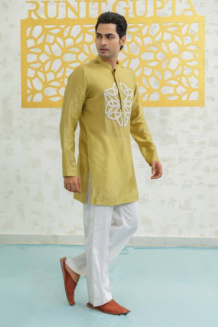 Runit Gupta_Green Chanderi , Vegan Embroidery Fresh Moss Infinity Kurta Set _Online_at_Aza_Fashions