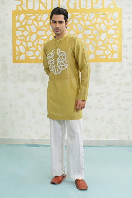 Buy_Runit Gupta_Green Chanderi , Vegan Embroidery Fresh Moss Infinity Kurta Set _Online_at_Aza_Fashions