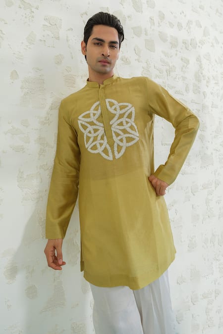 Shop_Runit Gupta_Green Chanderi , Vegan Embroidery Fresh Moss Infinity Kurta Set _Online_at_Aza_Fashions