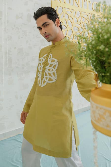 Runit Gupta_Green Chanderi , Vegan Embroidery Fresh Moss Infinity Kurta Set _at_Aza_Fashions