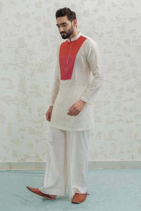 Runit Gupta_Multi Color Chanderi , Vegan Pearls Pink Orange Ombre Patch Kurta Set _Online_at_Aza_Fashions