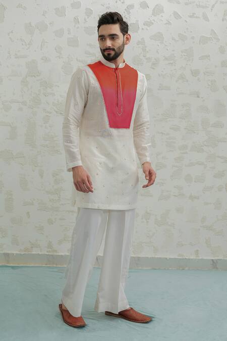 Buy_Runit Gupta_Multi Color Chanderi , Vegan Pearls Pink Orange Ombre Patch Kurta Set _Online_at_Aza_Fashions