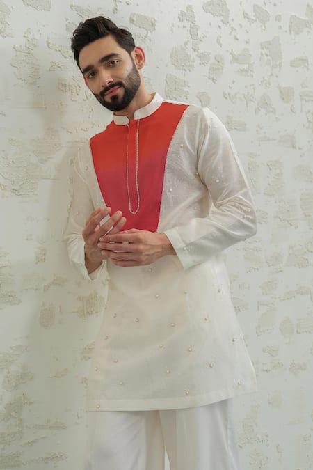 Shop_Runit Gupta_Multi Color Chanderi , Vegan Pearls Pink Orange Ombre Patch Kurta Set _Online_at_Aza_Fashions
