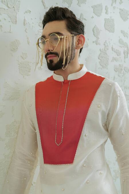 Runit Gupta_Multi Color Chanderi , Vegan Pearls Pink Orange Ombre Patch Kurta Set _at_Aza_Fashions