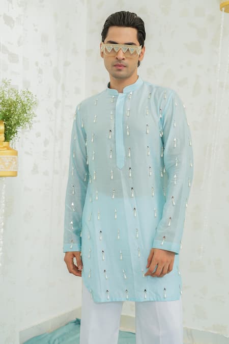Runit Gupta_Blue Chanderi , Vegan Embroidery, Tassels Latkan Short Kurta Set _Online_at_Aza_Fashions