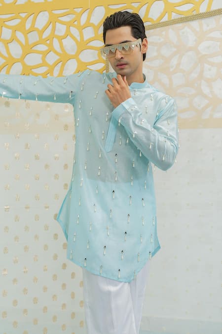 Buy_Runit Gupta_Blue Chanderi , Vegan Embroidery, Tassels Latkan Short Kurta Set _Online_at_Aza_Fashions