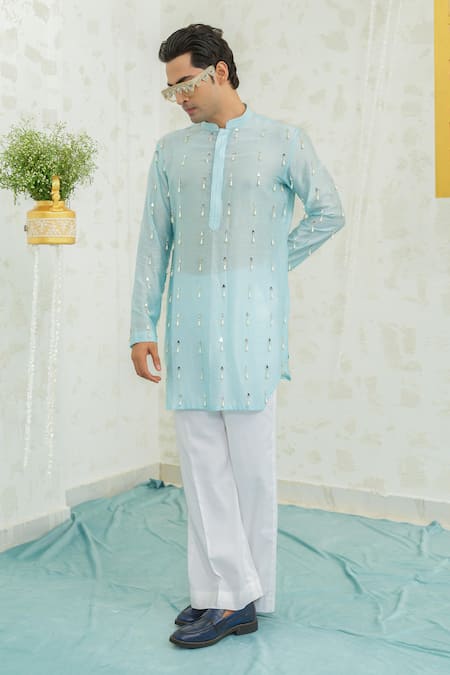 Shop_Runit Gupta_Blue Chanderi , Vegan Embroidery, Tassels Latkan Short Kurta Set _Online_at_Aza_Fashions