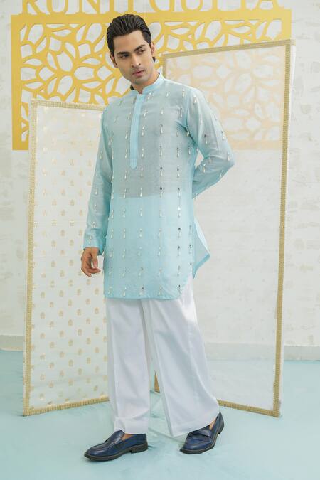Runit Gupta_Blue Chanderi , Vegan Embroidery, Tassels Latkan Short Kurta Set _at_Aza_Fashions