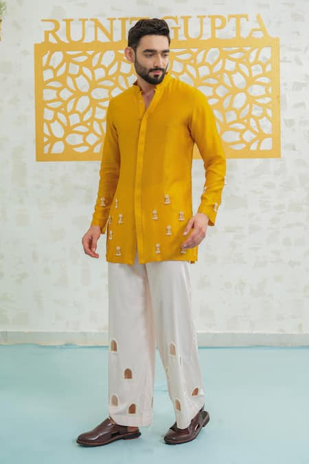 Runit Gupta Yellow Chanderi , Vegan Embroidery, Marigold Latkan Kurta With Pant Online at Aza Fashions Runit Gupta_Yellow Chanderi , Vegan Embroidery, Marigold Latkan Kurta With Pant _Online_at_Aza_Fashions