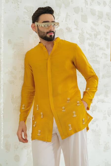 Shop Runit Gupta Yellow Chanderi , Vegan Embroidery, Marigold Latkan Kurta With Pant Online at Aza Fashions Shop_Runit Gupta_Yellow Chanderi , Vegan Embroidery, Marigold Latkan Kurta With Pant _Online_at_Aza_Fashions