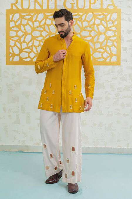 Runit Gupta Yellow Chanderi , Vegan Embroidery, Marigold Latkan Kurta With Pant at Aza Fashions Runit Gupta_Yellow Chanderi , Vegan Embroidery, Marigold Latkan Kurta With Pant _at_Aza_Fashions