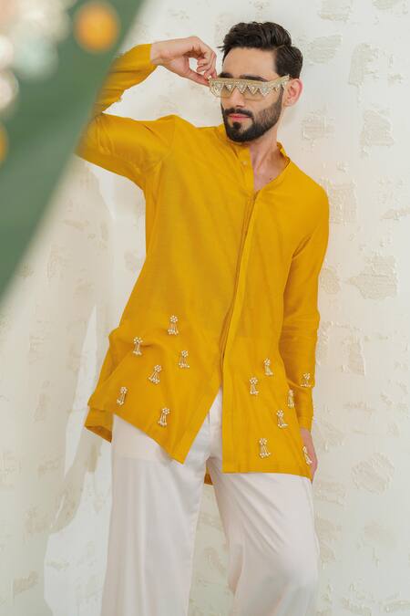 Buy Runit Gupta Yellow Chanderi , Vegan Embroidery, Marigold Latkan Kurta With Pant Buy_Runit Gupta_Yellow Chanderi , Vegan Embroidery, Marigold Latkan Kurta With Pant