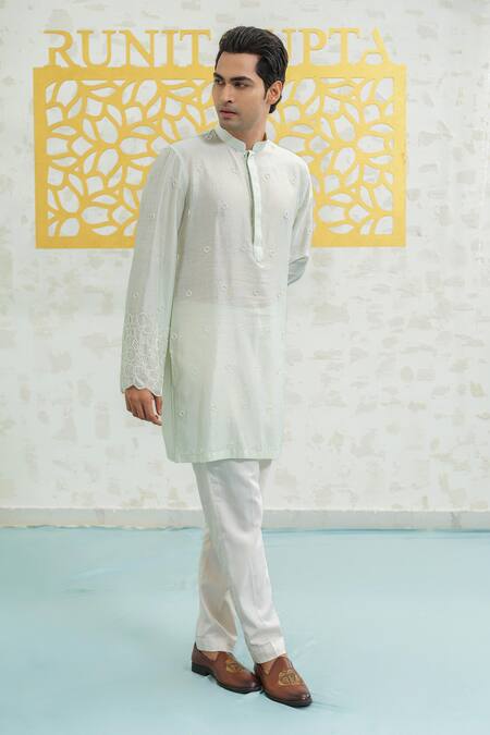 Runit Gupta Mint Chanderi , Vegan Embroidery Cutwork Hexa Kurta Set Online at Aza Fashions Runit Gupta_Mint Chanderi , Vegan Embroidery Cutwork Hexa Kurta Set _Online_at_Aza_Fashions