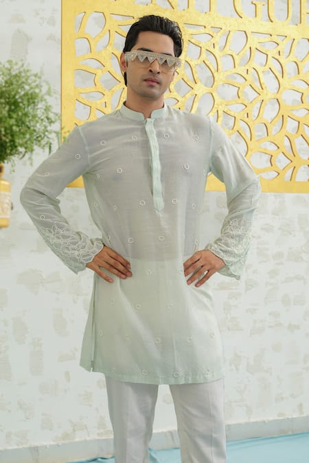Shop Runit Gupta Mint Chanderi , Vegan Embroidery Cutwork Hexa Kurta Set Online at Aza Fashions Shop_Runit Gupta_Mint Chanderi , Vegan Embroidery Cutwork Hexa Kurta Set _Online_at_Aza_Fashions