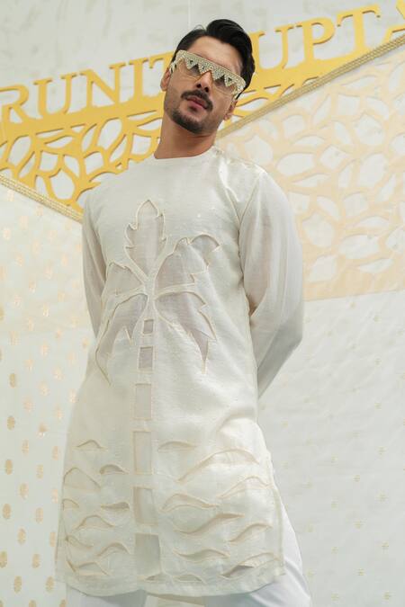 Runit Gupta_Ivory Chanderi , Vegan Cut Work, Embroidery Palm Tree Cutwork Kurta Set _Online_at_Aza_Fashions
