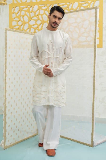 Runit Gupta Ivory Chanderi , Vegan Cut Work, Embroidery Palm Tree Cutwork Kurta Set 