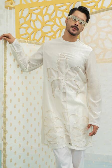 Shop_Runit Gupta_Ivory Chanderi , Vegan Cut Work, Embroidery Palm Tree Cutwork Kurta Set _Online_at_Aza_Fashions