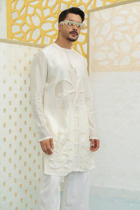Runit Gupta_Ivory Chanderi , Vegan Cut Work, Embroidery Palm Tree Cutwork Kurta Set _at_Aza_Fashions
