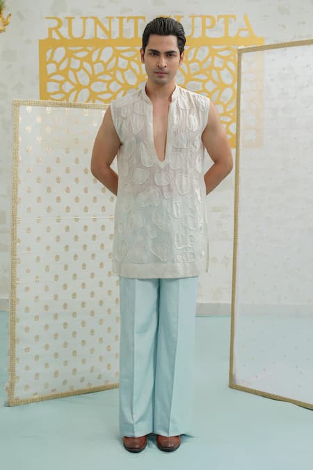 Buy Runit Gupta Ivory Chanderi , Vegan Embroidery Amoeba Pattern Sleeveless Kurta Set Online at Aza Fashions Buy_Runit Gupta_Ivory Chanderi , Vegan Embroidery Amoeba Pattern Sleeveless Kurta Set _Online_at_Aza_Fashions