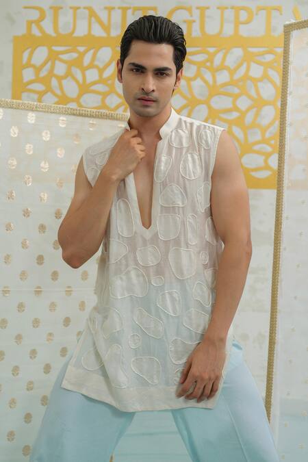 Shop Runit Gupta Ivory Chanderi , Vegan Embroidery Amoeba Pattern Sleeveless Kurta Set Online at Aza Fashions Shop_Runit Gupta_Ivory Chanderi , Vegan Embroidery Amoeba Pattern Sleeveless Kurta Set _Online_at_Aza_Fashions
