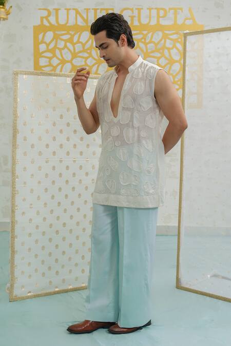 Runit Gupta Ivory Chanderi , Vegan Embroidery Amoeba Pattern Sleeveless Kurta Set at Aza Fashions Runit Gupta_Ivory Chanderi , Vegan Embroidery Amoeba Pattern Sleeveless Kurta Set _at_Aza_Fashions