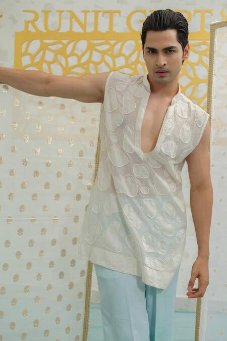 Buy Runit Gupta Ivory Chanderi , Vegan Embroidery Amoeba Pattern Sleeveless Kurta Set Buy_Runit Gupta_Ivory Chanderi , Vegan Embroidery Amoeba Pattern Sleeveless Kurta Set