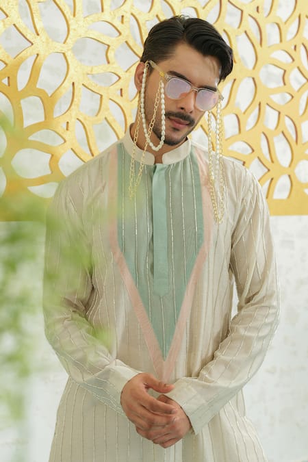 Buy_Runit Gupta_Multi Color Chanderi , Vegan Embroidery Patch Striped Kurta Set _Online_at_Aza_Fashions