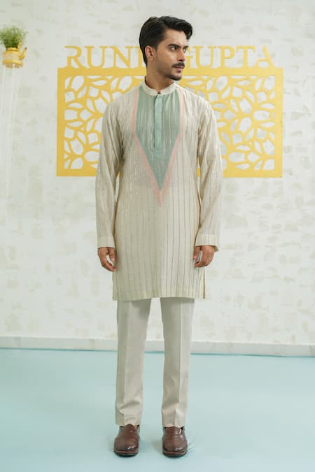 Shop_Runit Gupta_Multi Color Chanderi , Vegan Embroidery Patch Striped Kurta Set _Online_at_Aza_Fashions